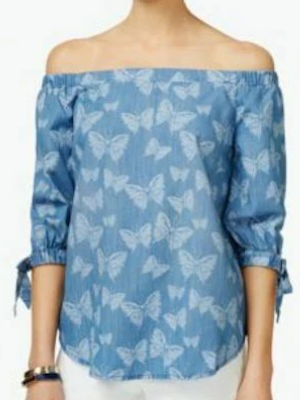 INC International Concepts Off The Shoulder Tie Cuff Top in indigo size 8